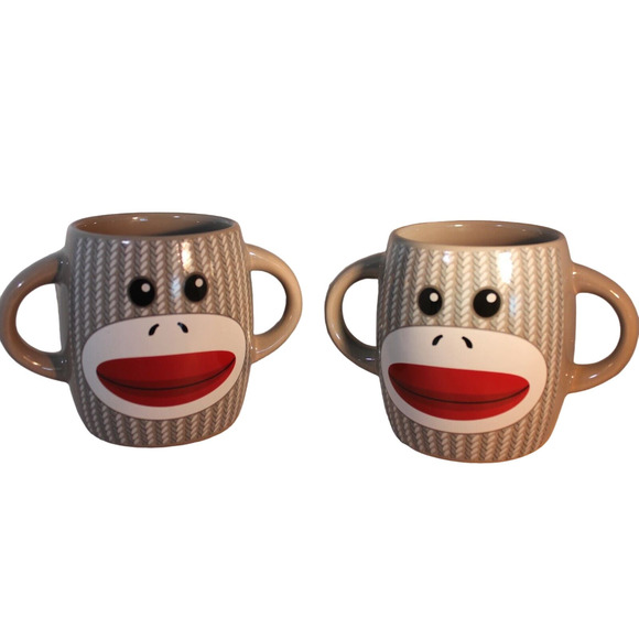Galerie SOCK MONKEY Mug/Cup Gray & Gray double handle ceramic 16oz set of 2 - Picture 1 of 6